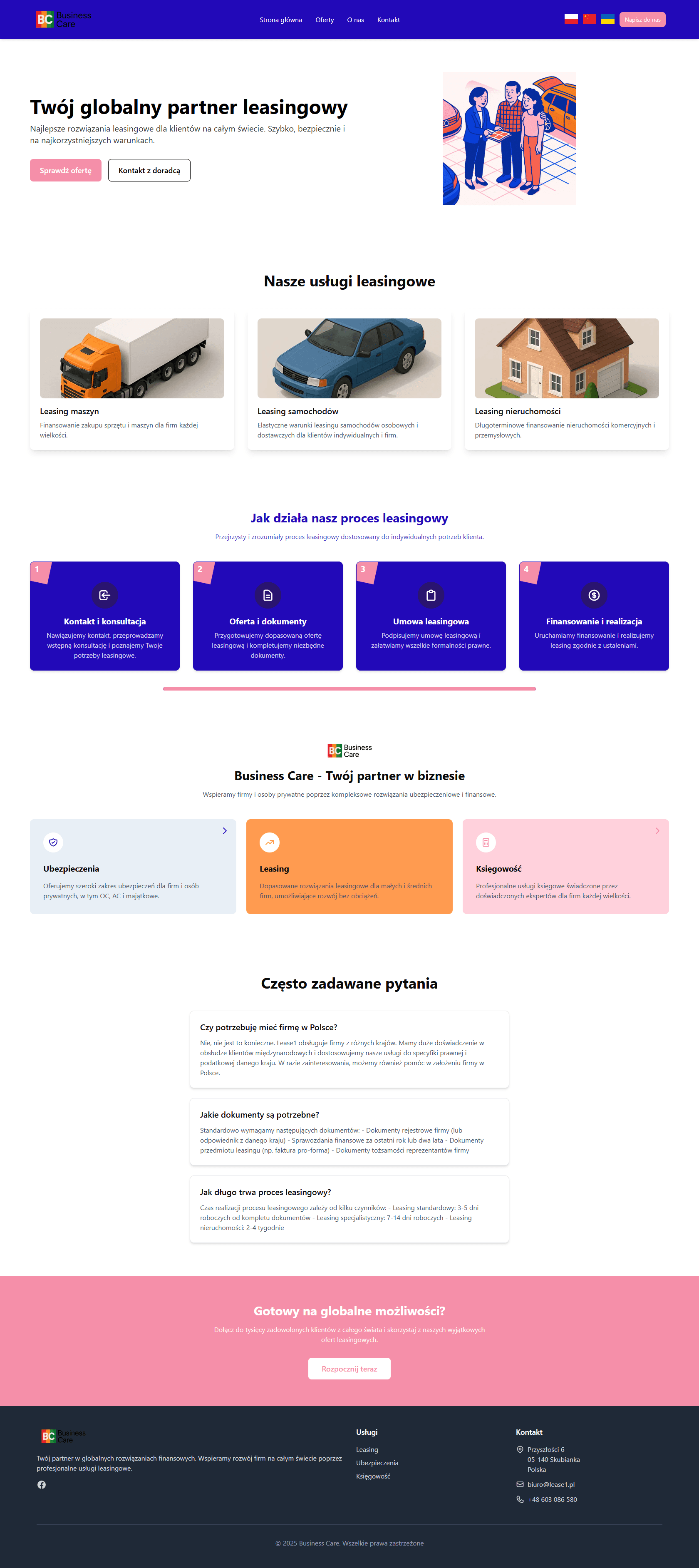 Lease1 - Partner Leasingowy - projekt strony internetowej stworzonej przez agencję Mainly. Platforma dla globalnego partnera leasingowego