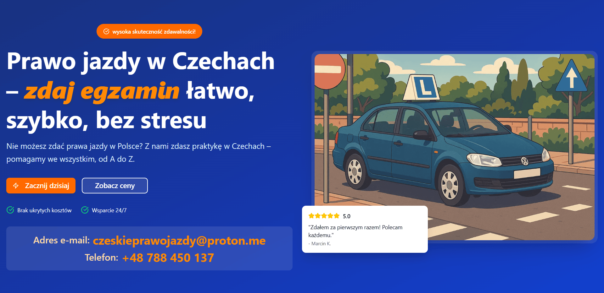 Prawo Jazdy w Czechach - projekt strony internetowej stworzonej przez agencję Mainly. Strona dla firmy świadczącej usługi zdawania egzaminów na prawo jazdy w Czechach, zintegrowana z Google Ads i zoptymalizowana pod kątem konwersji.