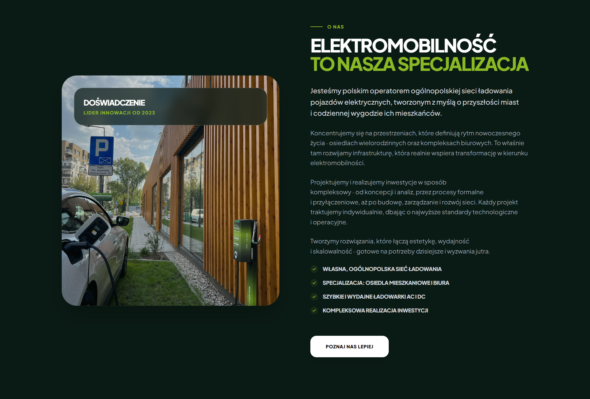 Sekcja O nas Elomoto - elektromobilność jako specjalizacja