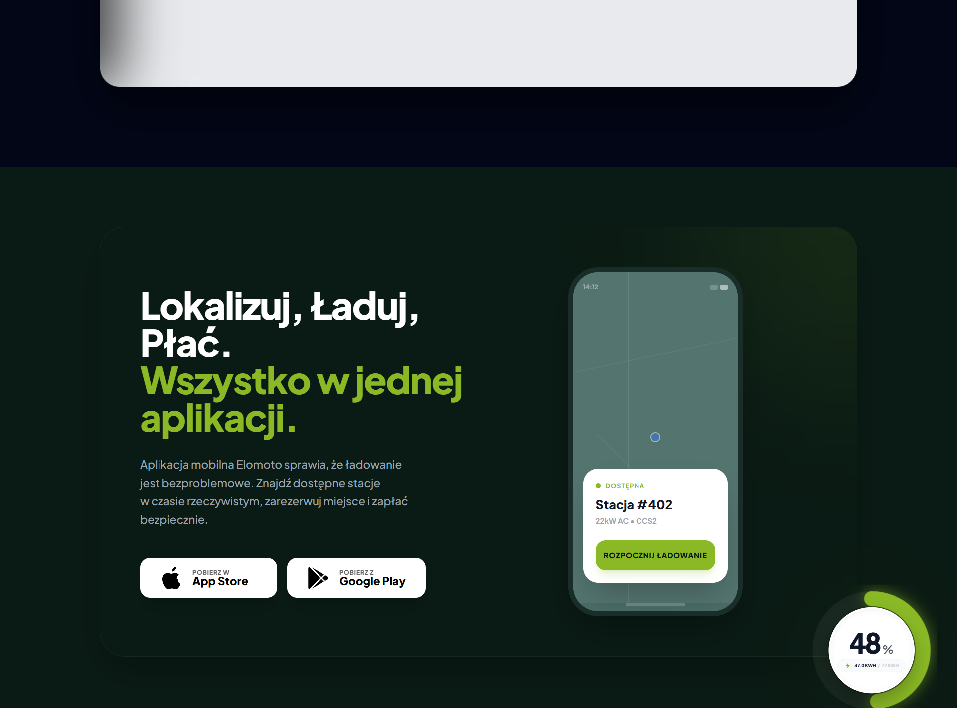 Sekcja aplikacji Elomoto z mockupem telefonu i widgetem ładowania 0-77 kWh