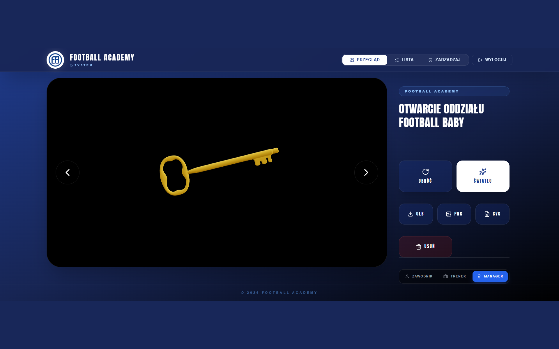 Football Academy System - przeglądarka modelu 3D z panelem Obróć / Światło i eksportem GLB, PNG, SVG