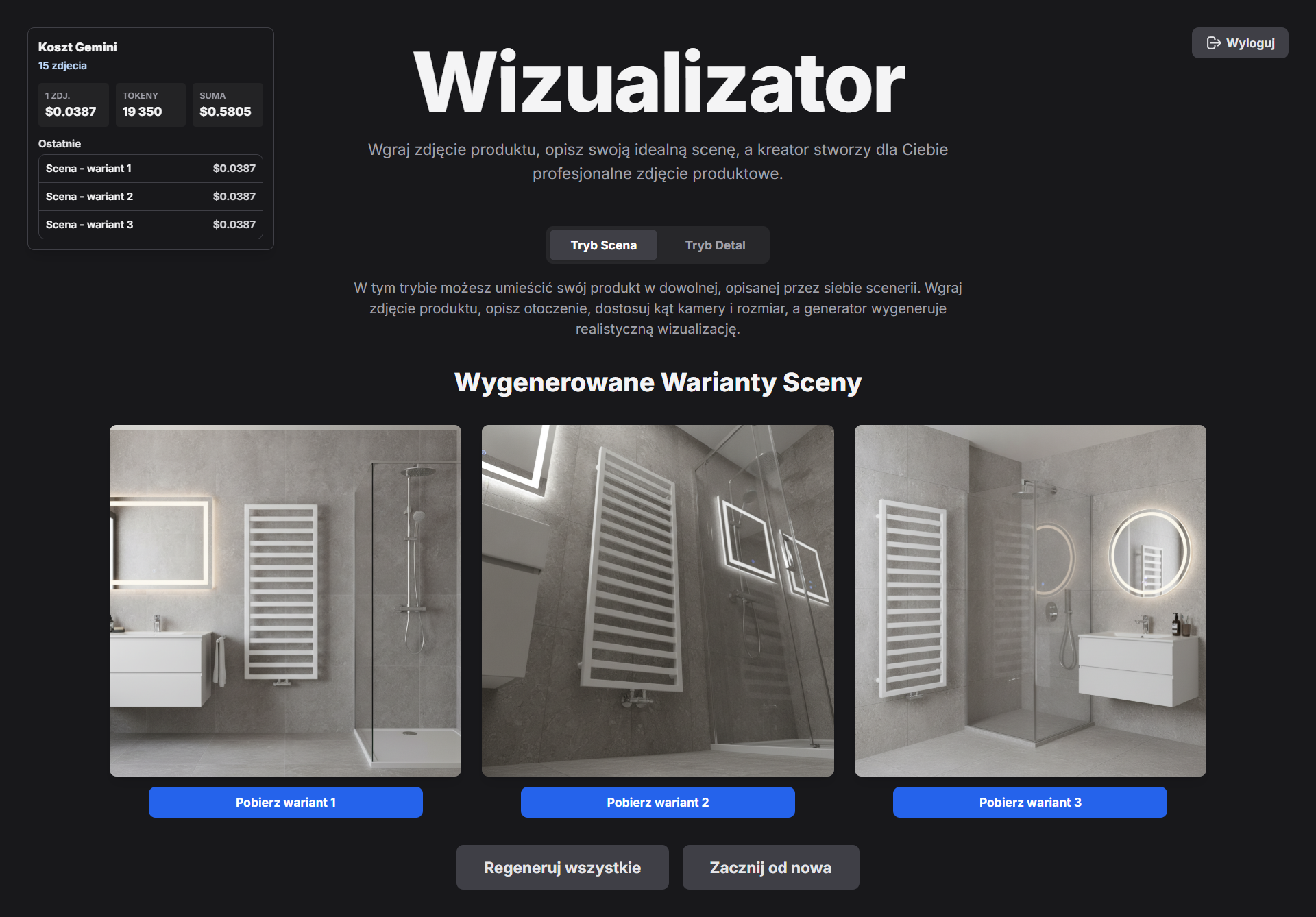 Tryb Scena - wygenerowane warianty wizualizacji grzejnika