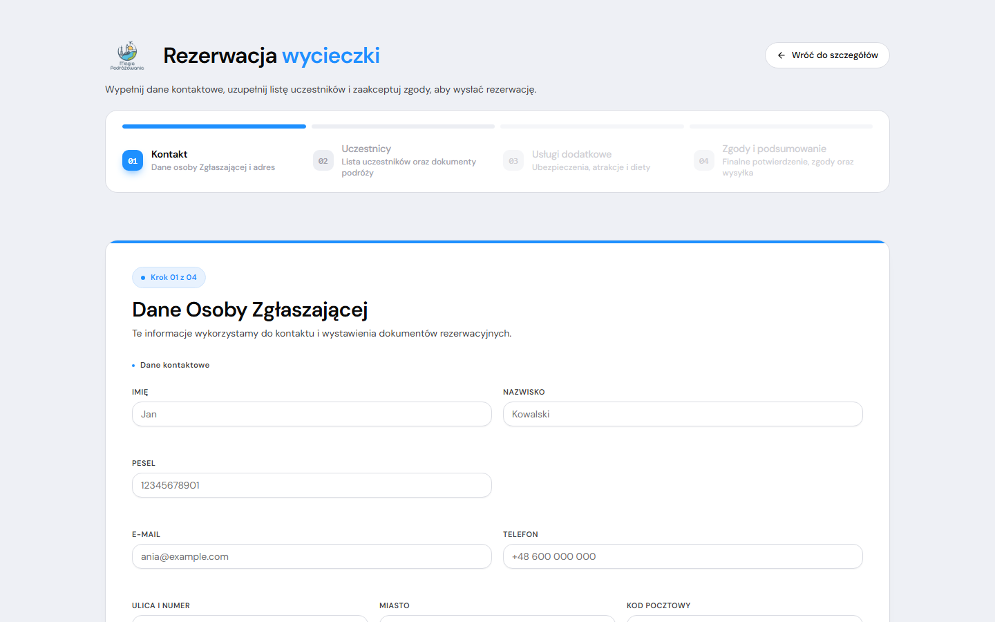 Wielokrokowy formularz rezerwacji Magia Podróżowania - dane kontaktowe, uczestnicy, usługi i zgody