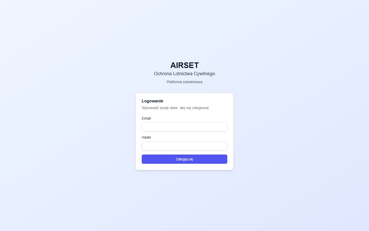 Dashboard szkoleń platformy AIRSET z listą kursów i postępem nauki