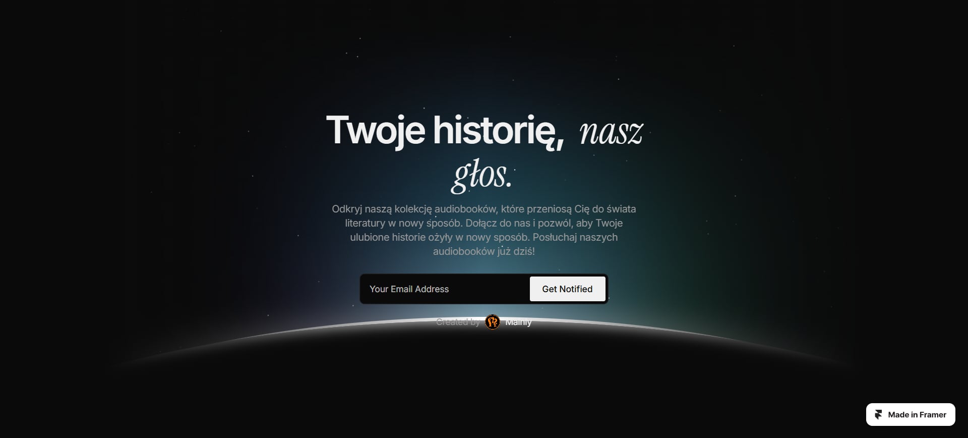 Landing page Audiogen z formularzem zapisu na whitelistę