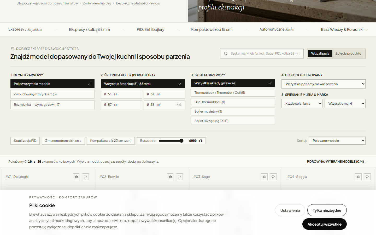 Katalog Brewhaus z filtrami parametrów technicznych