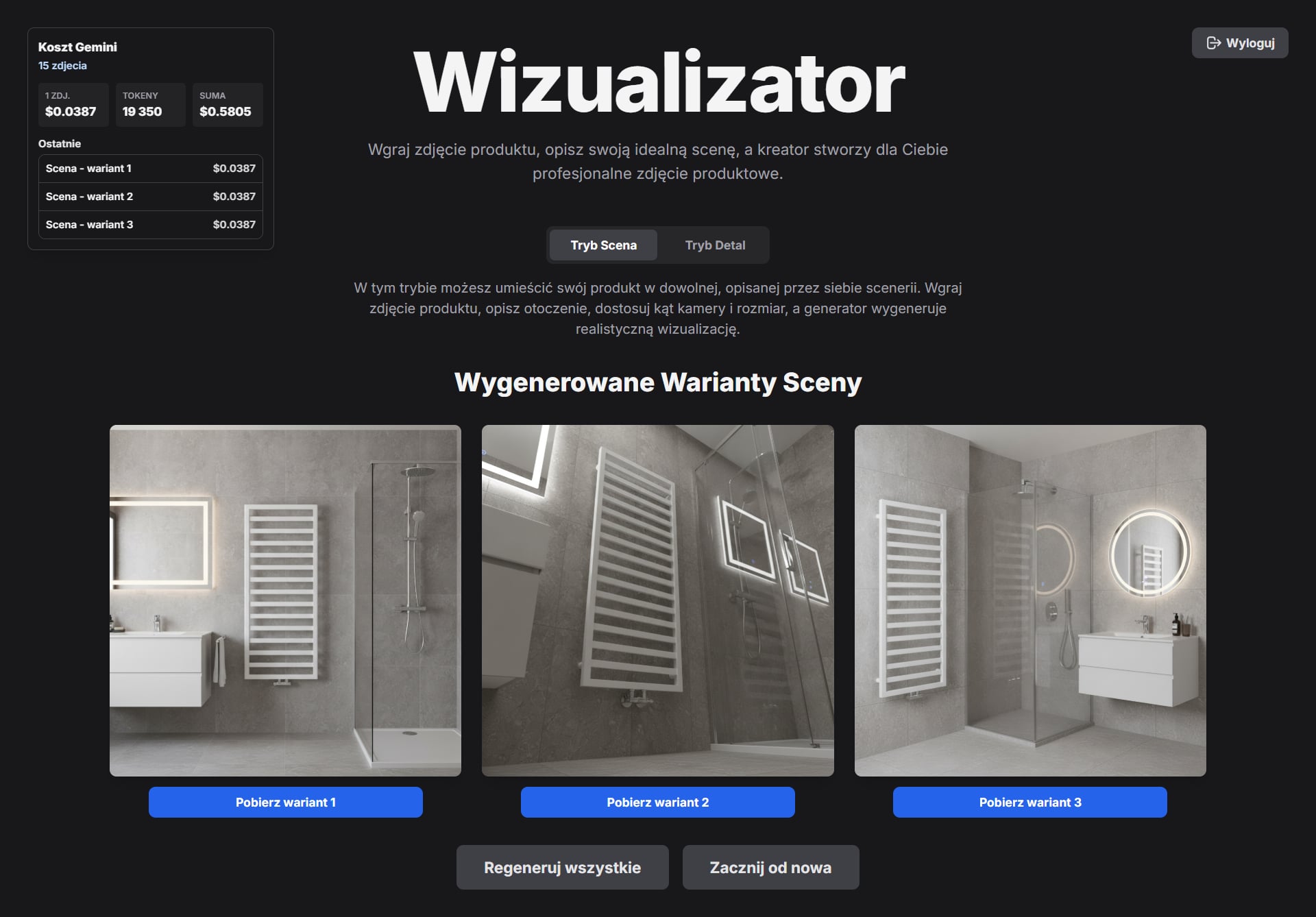 Generator wizualizacji JK Term w trybie Scena z panelem ustawień i wygenerowanymi wariantami