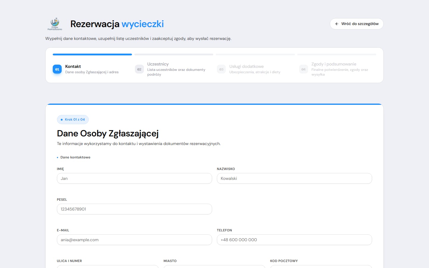 Formularz rezerwacji wycieczki z danymi uczestników